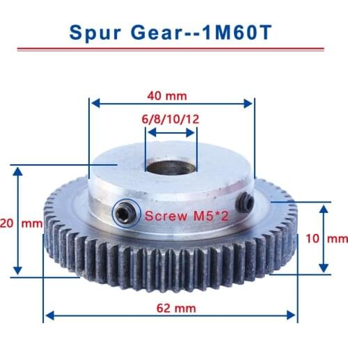1 Piece 1M60T Spur Gear Bore Size 6 / 8 / 10 / 12 mm Motor Gear Low Carbon Steel Material High Quality Metal Gear For Motor