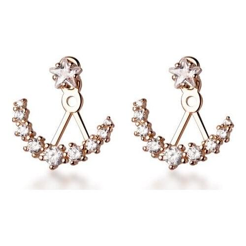 Real. 925 Sterling Silver fine jewelry Front &Back Star Round Prong CZ Stud Earrings Piercing ear earrings