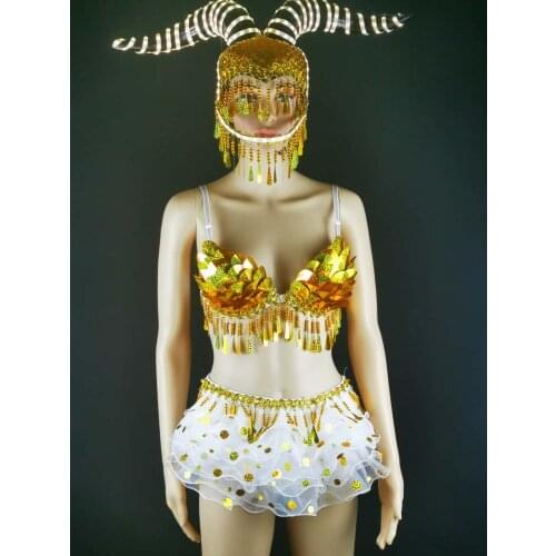 Stage golden mermaid bikini costume Party girl Nightclub female gogo luminous led headgear