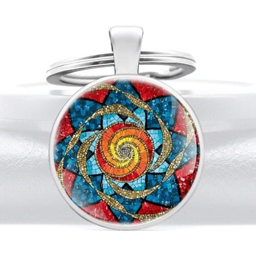 Silver Color Mosaic Mandala Design Glass Dome Pendant Key Chain Charm Men Women Key Rings Jewelry Gifts Keychains