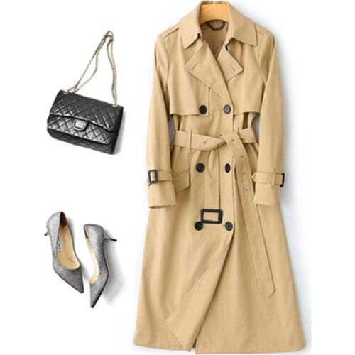 2020 Fashion Female Spring Autumn Trench Coats Lapel Double Breasted Full Sleeve Pockets Belt Long Trench For Women B466