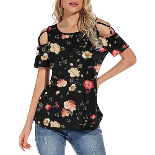 Womens Summer Printing Short Sleeve Strappy Cold Shoulder T-Shirt Tops Blouses футболка оверсайз camisetas de mujer ropa mujer