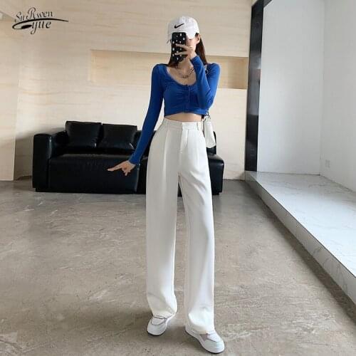 High Waist Drooping Suit Pants for Women Cool Boyfriend Pants 2021 Autumn Casual Fashion Pants Straight Wide Leg Trousers 16344