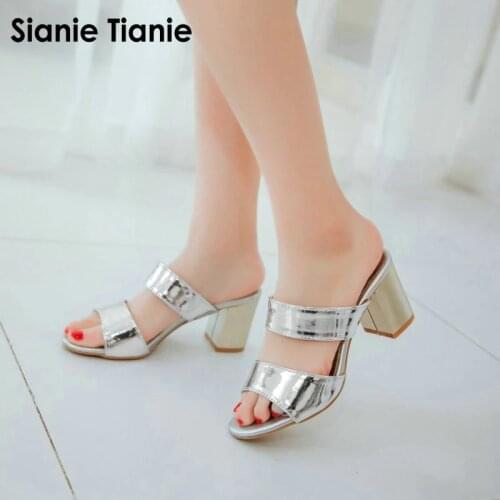 Sianie Tianie 2020 Summer Patent PU Leather Open Toe Silver Women Mules Slippers Fashion Casual Woman Sandals Large Size 43 45
