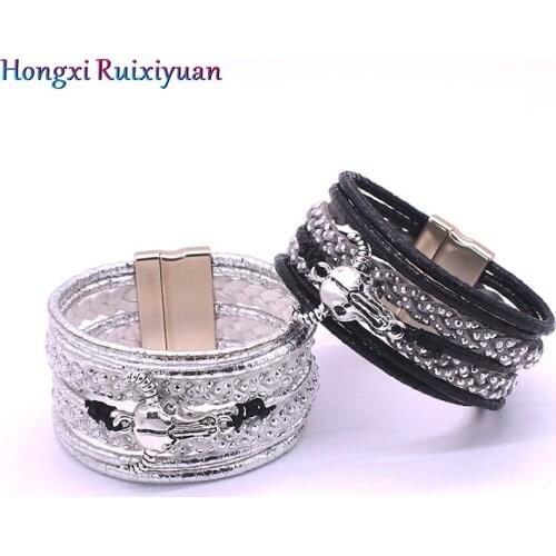 Leather Bracelet Fashion Multilayer Leather Alloy Bull Head Magnet Buckle Bracelets for Women Bohemian Leather Bracelet Jewelry