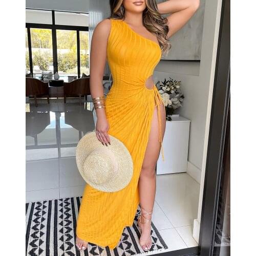 2021 Summer Women Beach Style One Shoulder High Slit Drawstring Cutout Ribbed Sleeveless Side Slit Long Maxi Dress