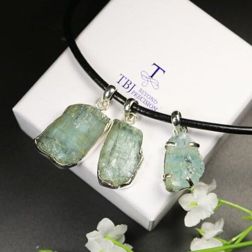 TBJ,natural aquamarine handmade rough pendant leather chord necklace jewelry 925 sterling silver women special birthstone gift
