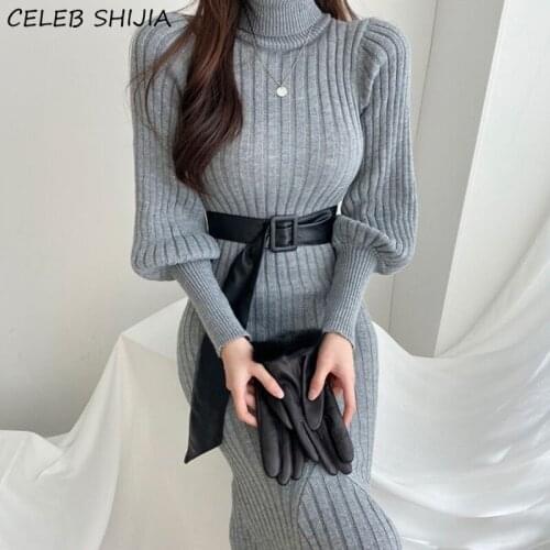 Elegant Gray Sweater Dress for Woman Turtleneck Lantern Sleeve Knitted Dress Vestido Autumn Winter New Fashion Business Knitwear