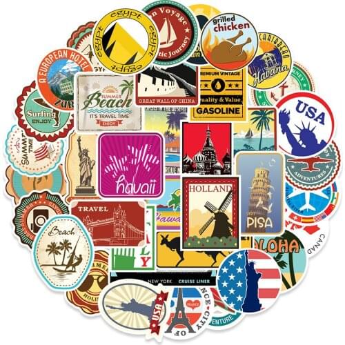 100pcs Travel Scenery Stickers PVC City Landmark Stickers Pack Kids Toy DIY Decor Graffiti Sticker Fridge Computer Sticker