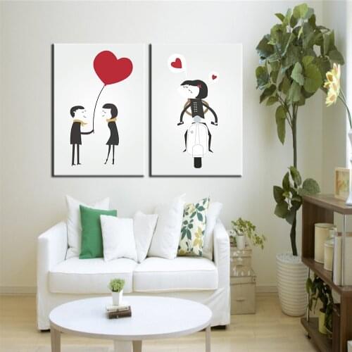 2 panels of cartoon love couples heart canvas paintings poster printer of sofa background decoration