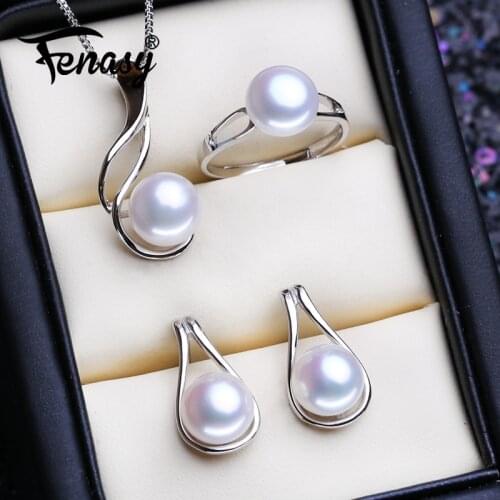 FENASY 925 Sterling Silver Jewelry Sets Natural Pearl Stud Earrings Trendy Party Pendant Chain Necklaces For Women Ring Set