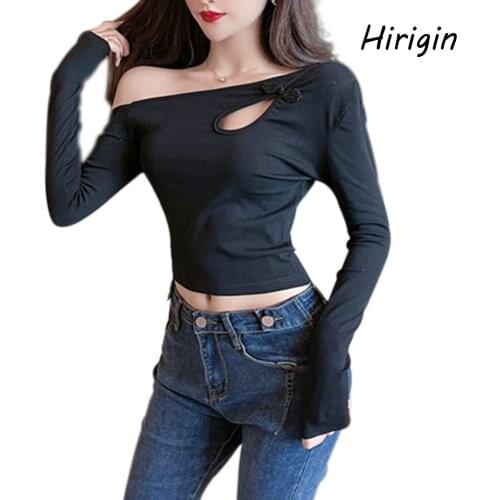 Sexy Shoulder less Skew T-shirt Retro Button Desnige Slim Tops 2020 Autumn Fashion Female Slim Fit Solid Pullover Tees For Party