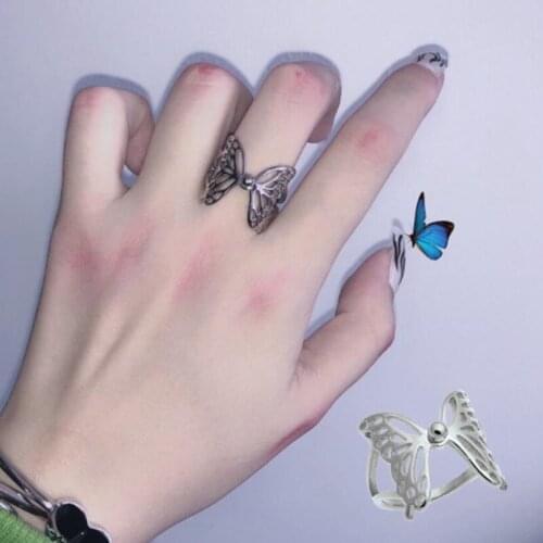 Harajuku Gothic Vintage Aesthetic Hollow Silver Colour Butterfly Rings for Women Men girl Dating Punk Jewellery Sale Wholesale