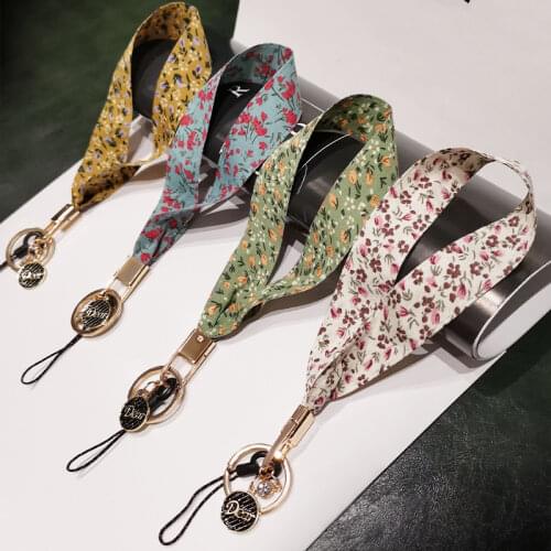 Short Flower Print Silk Phone Lanyard Strap For iphone redmi samsung Camera Mobile Phone ID Card Hanging Rope String