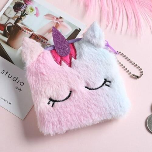 Cartoon Plush Unicorn Coin Purse Cute Cat Fur Circle Wallet Girl Clutch Embroidered Bag Key Earphone Organizer Pouch Kids Gift
