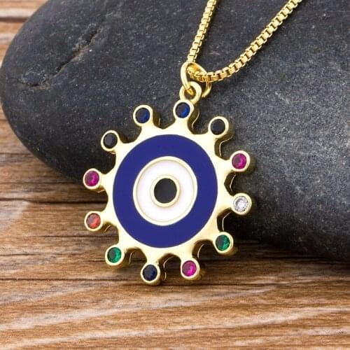 Top Quality Copper Zircon Turkish Evil Eye Pendant Necklace Charm Round Sun Flower Necklaces For Women Party Wedding Jewelry