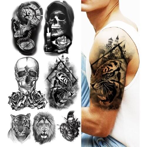 Tribal Tiger Temporary Tattoos For Men Women Realistic Skull Compass Rose Flower Lion Fake Tattoo Sticker Arm Neck Tatoos