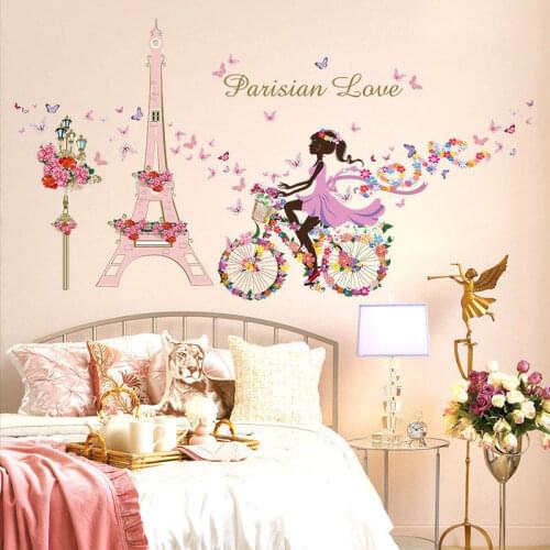 Romantic Paris Wall Stickers For Kids Room Home Decor Mural Iron Tower Flower Butterfly Fairy Girl Riding Wall Vinyl Decal