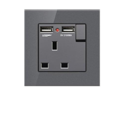 British Standard 13A USB Socket,Electric Socket Light Switch Gray Glass Panel Tempered Glass Outlets,Wall USB Power Receptacle