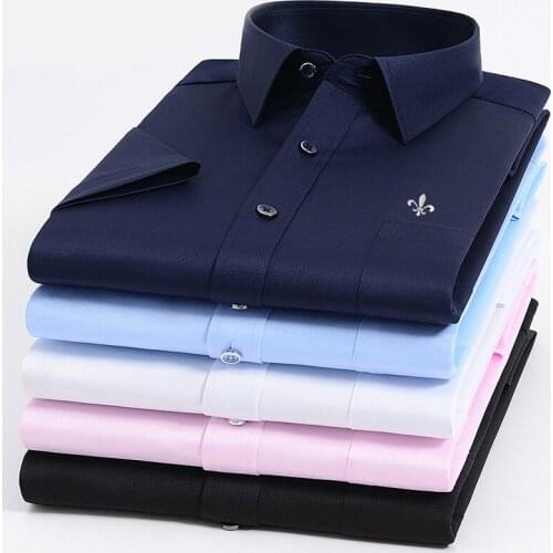 Dudalinas Mens Regular-fit Short Sleeve Stretch Shirt Formal Business Office Wear Bamboo Fiber Solid Social Dress Shirts