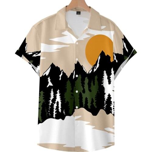 Mens Retro Shirt Japanese Ukiyoe Landscape Printed Shirts For Men Button Up Shirts Short Sleeve Blouse Casual Dress Shirts