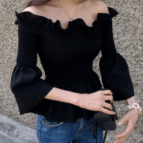 Women French Retro Solid Color Wooden Ears Shirt Flared Sleeve Off Shoulder Top Slim Three-quarter Sleeve Blouse