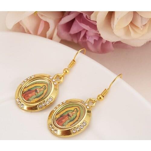 Mother Virgin Mary picture Earrings Gold Color Catholic Religious crystalJewelry Christmas Gift For Women girls kid jewelry