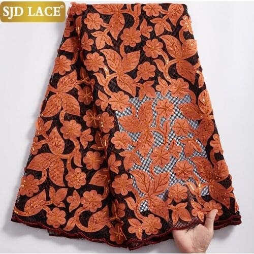 SJD LACE Beatuiful Sequined African Lace Fabric High Quality 3D flower French Mesh Lace Fabric Caramel For Wedding Sewing A2337