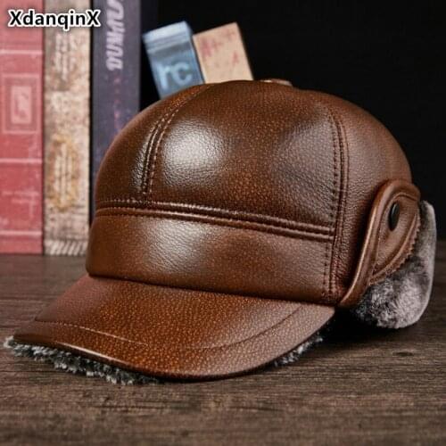 XdanqinX Winter Warm Hat Genuine Leather Hats Mens Thick Baseball Caps Cowhide Leather Velvet Earmuffs Cap Dads Cold-proof Hat