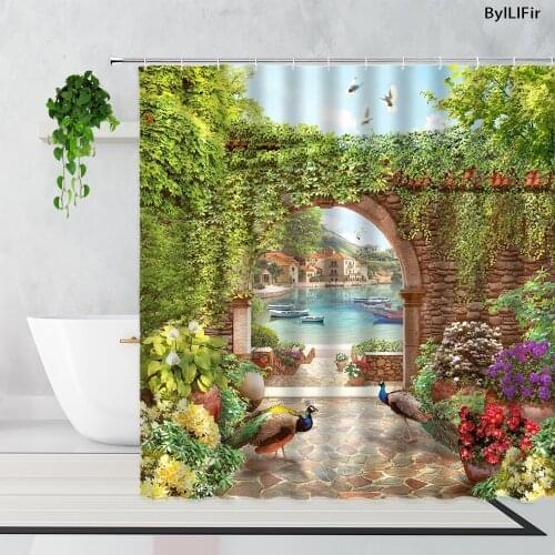 Peacocks Flower Green Vine Arch Sea View Shower Curtains European Modern Garden Scenery Bathroom Bath Curtain Fabric With Hooks