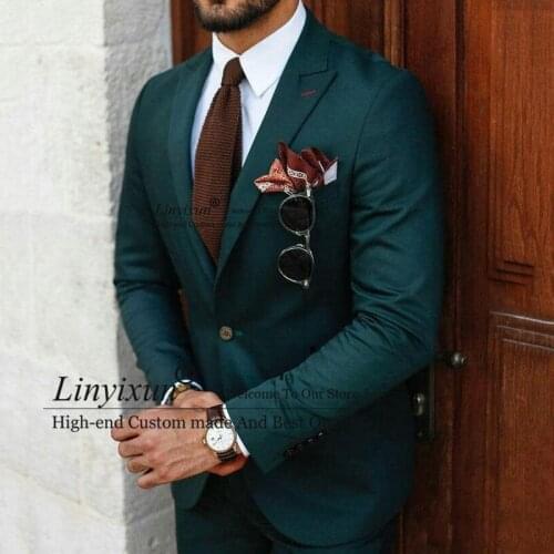 Green Business Men Suits Wedding Groom Tuxedo Custom Best Man Outfit Groomsmen Attires 2Piece Man Ternos Peak Lapel Trajes de ho