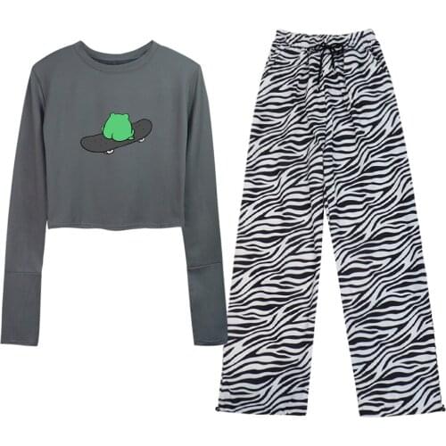 Cute Frog Skateboard Crop Top Casual Aesthetic Cotton Harajuku Long Sleeve Women T Shirt Stripe All-match High Waist Sweatpants