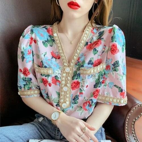 Button Floral Chiffon Women Shirts Summer New 2021 V-Neck Short-Sleeved Elegant Office Lady Outwear Tops