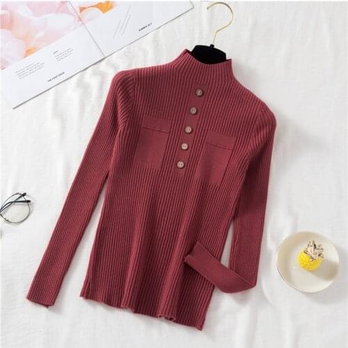 Pull Femme O Neck Long Sleeve Tops Solid Casual Korean Fashion Slim Women 2021 Autumn Button Pullovers Sweater Mujer Clothing