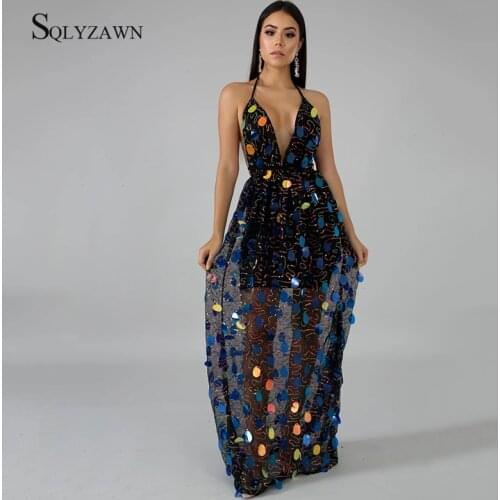 Multicolor Sequin Patchwork Long Dress Women Summer V Neck Halter Backless Party Night Club Vestido Elegant Mesh Bodycon Dresses