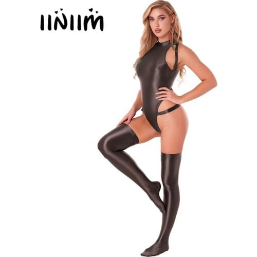 Womens Lingerie Teddies Costume Glossy Cutout High Cut Leotard Swimsuit Mock Neck Sleeveless Zipper Back Bodysuit with Stocking