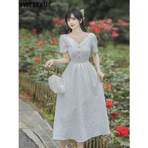 SWEETXUE Jacquard Sexy V-neck High Waist Princess Dress Womens Summer 2021 Romantic Fairy Party Elegant Dress Vestidos