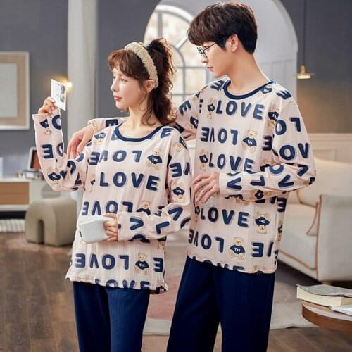 Winter Couples Pajamas Set Love Letters Men Women Homewear Cotton Blue O-Neck Sleepwear Cute Cartoon Bears Korean Couple Pajamas