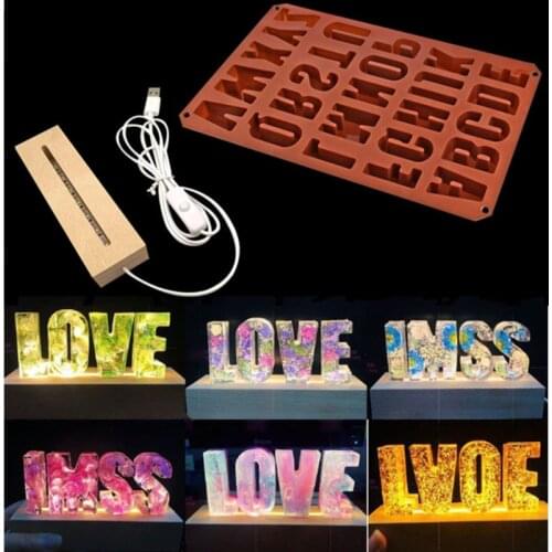 2Pcs Set Silicone Casting Mold Shiny English Letter Small Night Light Lamp Mould Room Decoration Holidays Use Epoxy Resin Molds