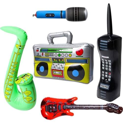 5Pcs Inflatable Rock Star Decor Mobile Phone Microphones Saxophone Guitar Pattern 80s Theme Carnival Party Decor Supplie for Kid