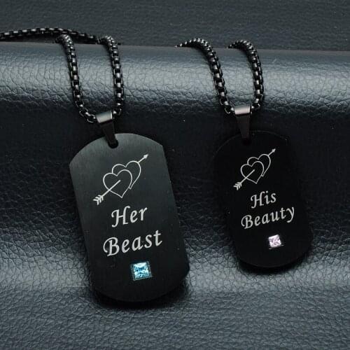 Dog Tags Couple Necklace For Lover Black Stainless Steel Pendant Heart Necklaces With Stone Her Beast Beauty Choker Drop ship