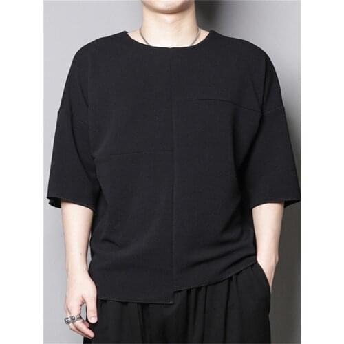 Japanese simple personality stitching asymmetrical solid color loose loose short-sleeved T-shirt half-sleeved middle-sleeved bot