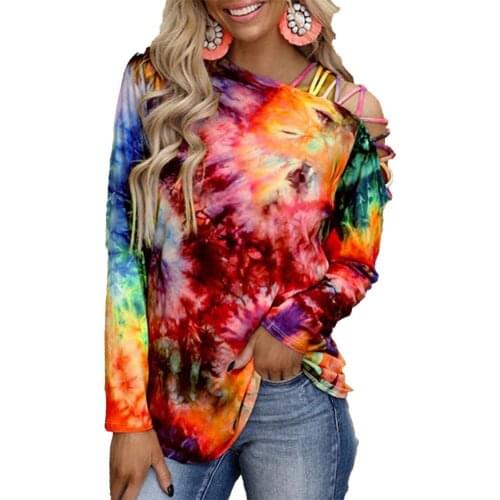 T-Shirts Women Spring Autumn Tops Tie Dye Print Long Sleeve Fashion Women Off Shoulder Hollow Out T-shirt футболка оверсайз