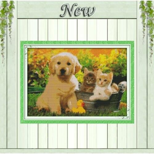 Sweet friend dog and cats Drawing painting,Counted print on cloth DMC 14CT 11CT DIY Cross Stitch Needlework kits Embroidery Sets