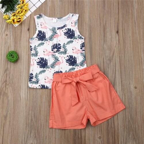 2PCS Toddler Girl Clothes Set Kids Casual Outfits Baby Girl Clothes Flamingo Print Sleeveless Vest Tops+ Bow Short Set