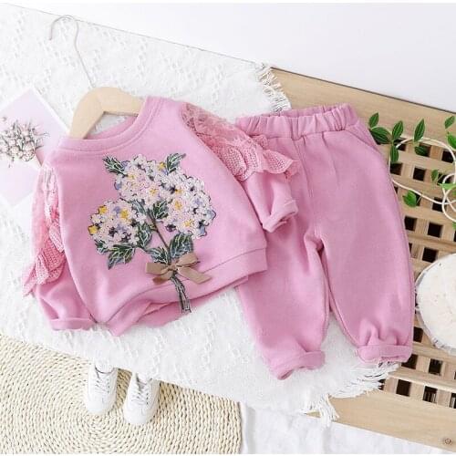 Girls Sets 2021 New Autumn Spring Clothing Lace Patchwork Sleeve Floral Embroidery and Solid Pants Girls Casual Set Suits