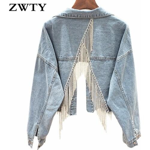 ZWTY Spring Autumn New Heavy Industry Rhinestone Tassel Chain Back Split Hollow Distressed Loose Short Denim Jacket Women