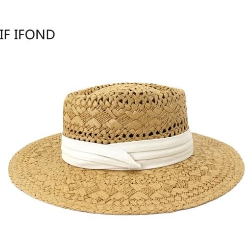 Summer Hat for Women Men Travel Natural Paper Flat Brim Hat Outdoor Beach Sunshade Hats Panama Straw Hat with Ribbon