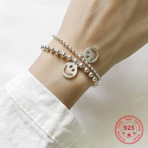 Hot Sale 100% 925 Silver Simple Trendy Personality Smile Face Romantic Beads Chain Bracelets Jewelry for Women