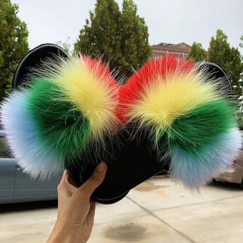 Fur Slippers For Women Furry Faux Fur Sandals Female Indoor Shoes Woman Colorful Fake Fur Slippers Flip Flops Size 36-45 WSH3756